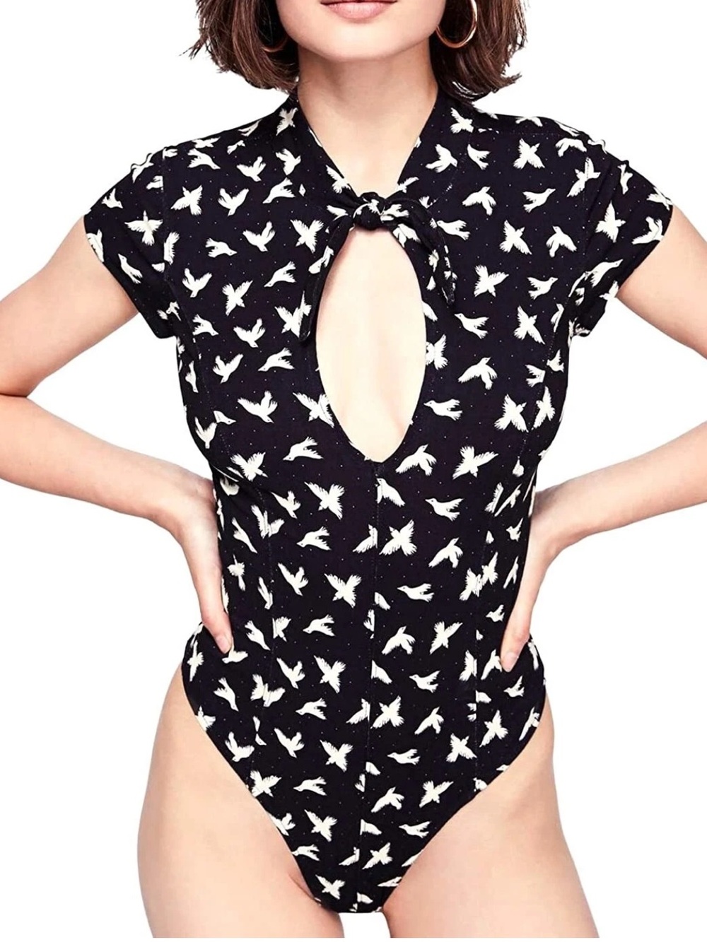 Free People  Billie Short sleeves Bodysuit Black Size M Bird-Print Keyhole
